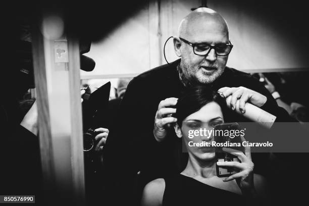 Hairstylist Sam McKnight and Model Bella Hadid are seen backstage ahead of the Max Mara show during Milan Fashion Week Spring/Summer 2018on September...