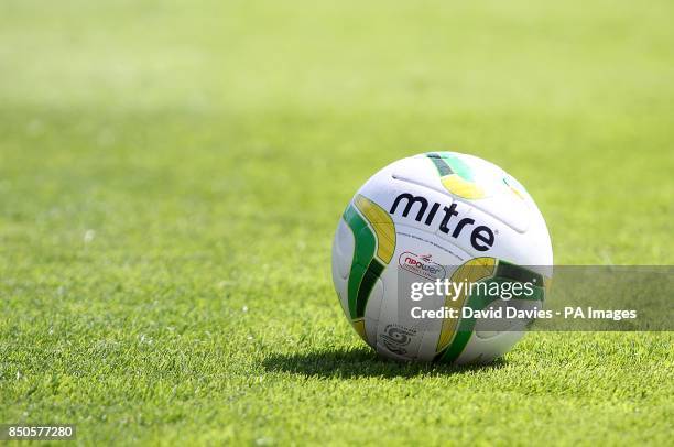 General view of an official Yeovil Town Mitre football on nthe pitch