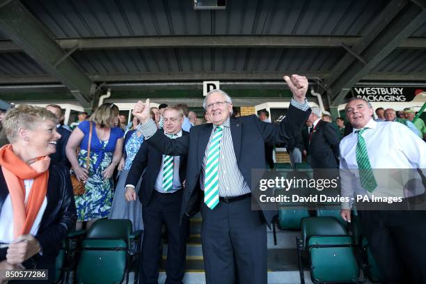 Yeovil Town chairman John Fry celebrates his team's victory victory in the stands