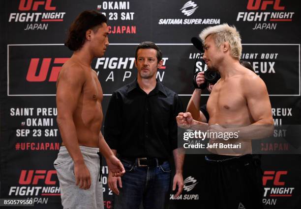 Opponents Takanori Gomi of Japan and Dong Hyun Kim of South Korea face off during the UFC Fight Night Weigh-in at the Hilton Tokyo on September 21,...