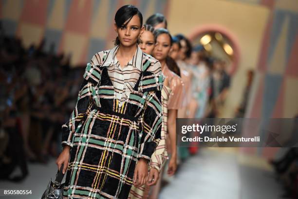 Binx Walton walks the runway at the Fendi show during Milan Fashion Week Spring/Summer 2018 on September 21, 2017 in Milan, Italy.