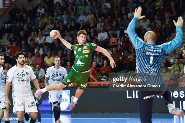 Julien Rebichon of Nimes and Vincent Gerard of Montpellier during Lidl StarLigue match between Nimes and Montpellier on September 20, 2017 in Nimes,...