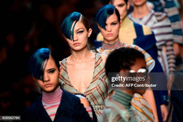 Model Gigi Hadid walks the runway for fashion house Fendi during the Women's Spring/Summer 2018 fashion shows in Milan, on September 21, 2017. / AFP...