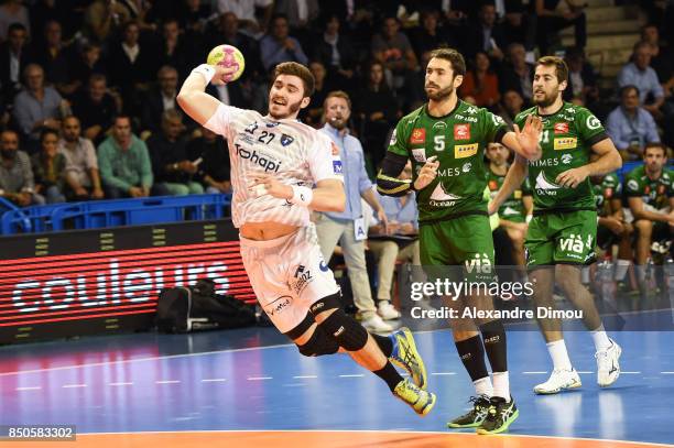 Ludovic Fabregas of Montpellier and Jeremy Suty of Nimes during Lidl StarLigue match between Nimes and Montpellier on September 20, 2017 in Nimes,...