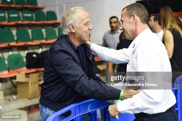 Rene Girard and Patrice Canayer Coach of Montpellier during Lidl StarLigue match between Nimes and Montpellier on September 20, 2017 in Nimes, France.