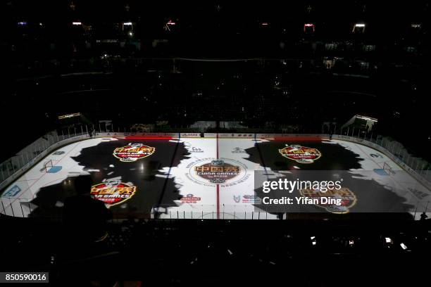 Shows NHL China Games logo during the opening ceremony of a pre-season National Hockey League game between the Vancouver Canucks and the LA Kings at...