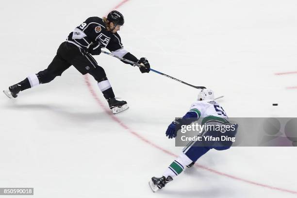 Adrian Kempe of LA Kings takes a shot during a pre-season National Hockey League game between the Vancouver Canucks and the LA Kings at Mercedes-Benz...