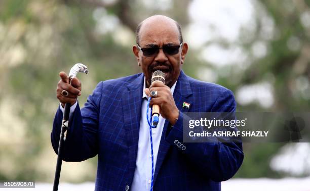 Sudanese President Omar al-Bashir gives a speech in Nyala, the capital of South Darfur province, on September 21, 2017. Bashir, wanted by the...