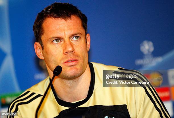 Jamie Carragher of Liverpool attends a team press conference on February 24, 2009 in Madrid, Spain.
