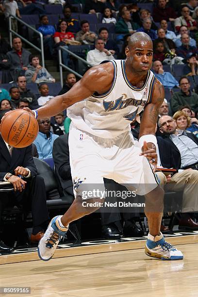 Antawn Jamison of the Washington Wizards drives the ball to the basket during the game against the Indiana Pacers on February 8, 2009 at the Verizon...