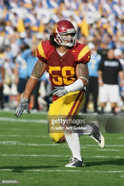Rey Maualuga of the USC Trojans pursues the play against the UCLA Bruins on December 6, 2008 at the Rose Bowl in Pasadena, California. USC won 28-7.