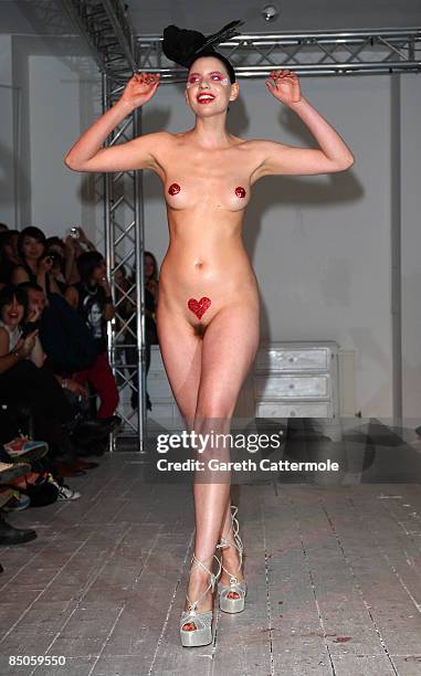 Model walks down the catwalk during the House of Blue Eyes show as part of London Fashion Week a/w 2009 at Beach Blanket Babylon on February 24, 2009...