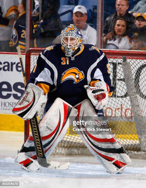 Jhonas Enroth of the Buffalo Sabres warms up prior to playing the Anaheim Ducks on February 24, 2009 at HSBC Arena in Buffalo, New York.