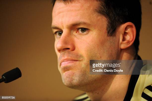 Jamie Carragher of Liverpool holds a press conference at the Santiago Bernabeu stadium on February 24, 2009 in Madrid, Spain. Liverpool play Real...