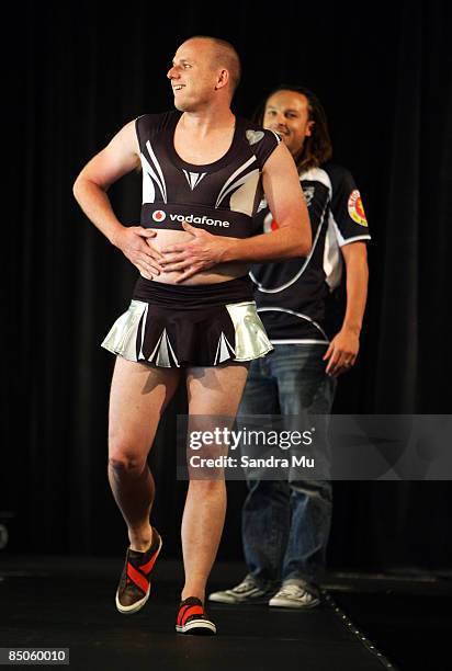 Bill' Jamie Linehan of the comedy show Pulp Sport models the Warriors cheerleaders uniform as his colleague and 'Ben' Ben Boyce provides commentary...