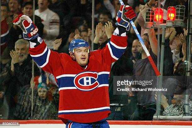 Andrei Markov of the Montreal Canadiens celebrates his second-period goal against the Vancouver Canucks at the Bell Centre on February 24, 2009 in...