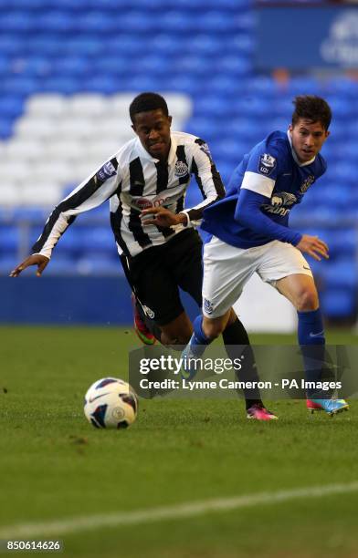 Everton's Bryan Oviedo and Newcastle's Gael Bigirimana during the Professional Development League One Under 21 Play Off match at Goodison Park,...