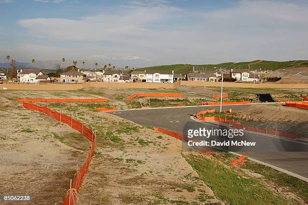 Home construction site stands idle where construction has been halted, on February 24, 2009 near Riverside, California. U.S. Single family homes...