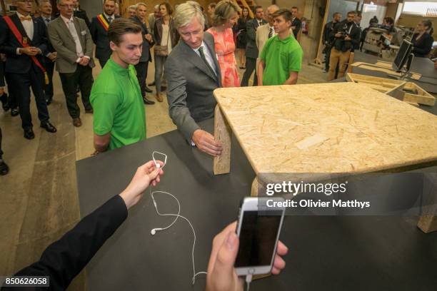 King Philippe of Belgium and Queen Mathilde of Belgium visit the Asty-Mouli school for wood and construction skills, in the Province of Namur on...