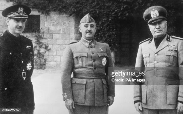 General Franco's brother-in-law Ramon Serrano Suner, General Franco and Benito Mussolini at Bordighera in Italy.