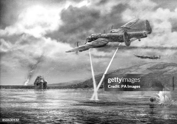 An artist's impression of Lancaster bombers from the RAF's No 617 Squadron attacking the Moehne dam in Nazi Germany using one of Barnes Wallis's...