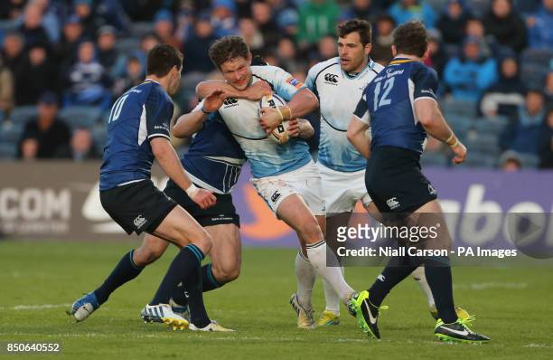 Leinster's Mike Ross tackles Glasgow Warriors' Pete Horne during the Rabo Direct PRO12 Playoff match at the RDS, Dublin.
