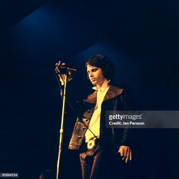 Singer-songwriter Jim Morrison of American rock group The Doors performs live on stage in Copenhagen, Denmark in September 1968.