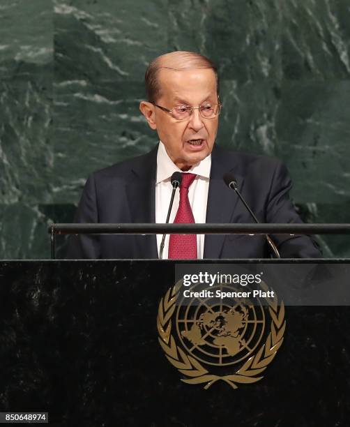 Lebanese President Michel Aoun speaks to world leaders at the 72nd United Nations General Assembly at UN headquarters in New York on September 21,...