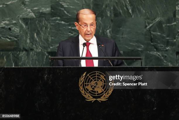 Lebanese President Michel Aoun speaks to world leaders at the 72nd United Nations General Assembly at UN headquarters in New York on September 21,...