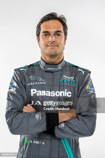 In this handout photo provided by Jaguar Racing, Driver Nelson Piquet Jr poses during the Panasonic Jaguar Racing RE:CHARGE LIVE EVENT, launching the...