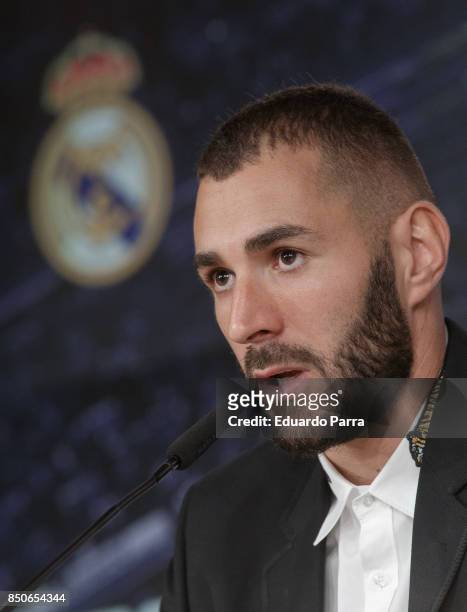 Soccer player Karim Benzema of Real Madrid holds a press conference after his contract was extended by Real Madrid at Santiago Bernabeu Stadium on...