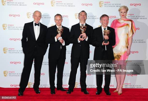 Presenter Charles Dance, Steve Smith, Joe Magnusson, Graham Stuart and presenter Gwendoline Christie, with the Entertainment Programme Award for The...
