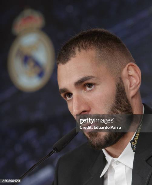 Soccer player Karim Benzema of Real Madrid holds a press conference after his contract was extended by Real Madrid at Santiago Bernabeu Stadium on...