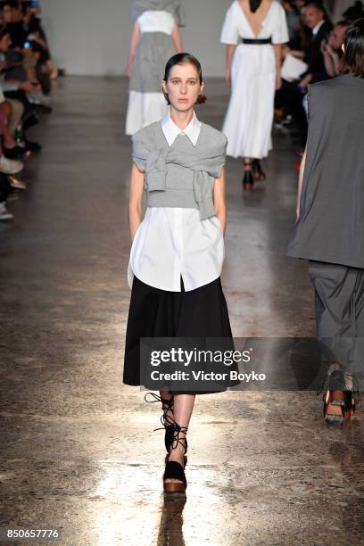 Model walks the runway at the Lucio Vanotti show during Milan Fashion Week Spring/Summer 2018 on September 21, 2017 in Milan, Italy.