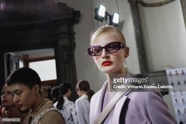 Model is seen backstage ahead of the Max Mara show during Milan Fashion Week Spring/Summer 2018on September 21, 2017 in Milan, Italy.