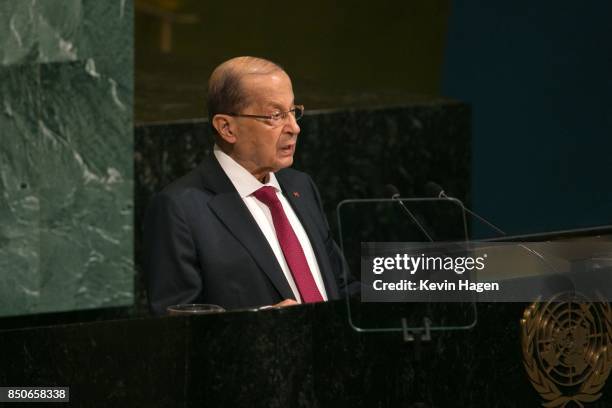 Lebanon's President General Michel Aoun arrives ahead of his address at the U.N. General Assembly at the United Nations on September 21, 2017 in New...