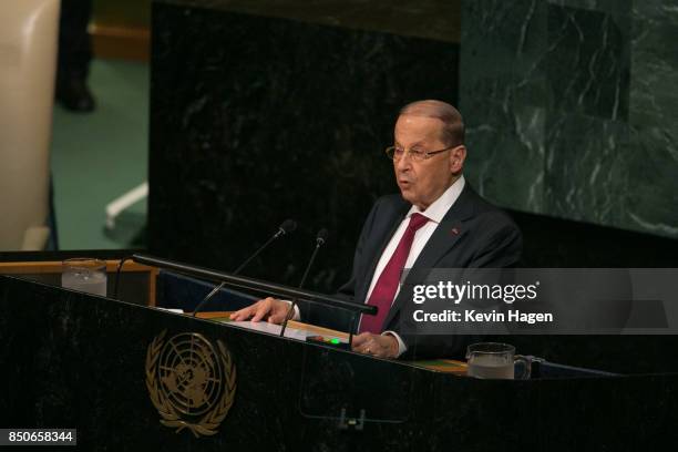 Lebanon's President General Michel Aoun arrives ahead of his address at the U.N. General Assembly at the United Nations on September 21, 2017 in New...