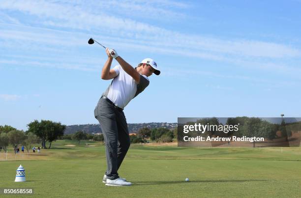 Eddie Pepperell of England tees off on the 3rd during day one of the 2017 Portugal Masters at Oceanico Victoria Golf Club on September 21, 2017 in...