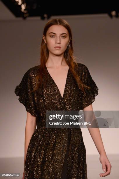 Model walks the Trends runway show during London Fashion Week Festival at The Store Studios on September 21, 2017 in London, England.