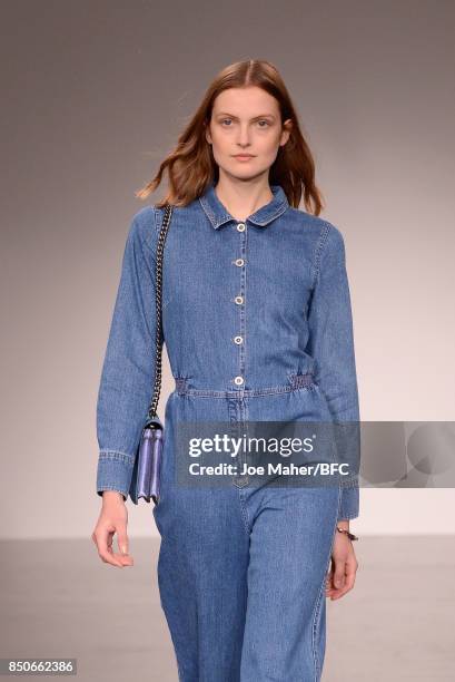 Model walks the Trends Runway show during the London Fashion Week Festival at The Store Studios on September 21, 2017 in London, England.