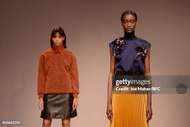 Models walk the Trends Runway show during the London Fashion Week Festival at The Store Studios on September 21, 2017 in London, England.