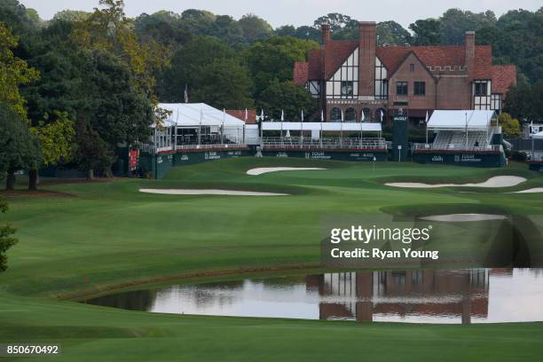Scenic view of the 18th hole during practice for the TOUR Championship, the final event of the FedExCup Playoffs, at East Lake Golf Club on September...