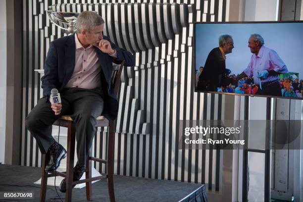 Commissioner Jay Monahan speaks with members of the media during a press conference prior to the start of the TOUR Championship, the final event of...