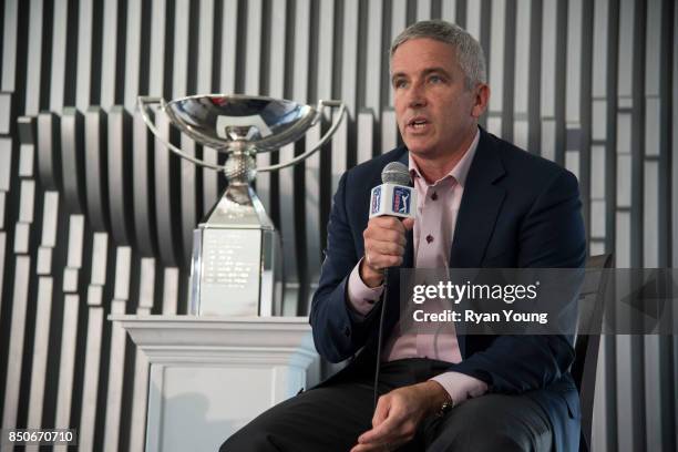 Commissioner Jay Monahan speaks with members of the media during a press conference prior to the start of the TOUR Championship, the final event of...