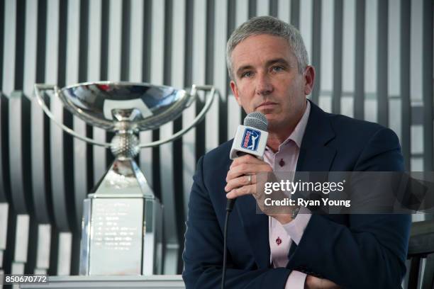 Commissioner Jay Monahan speaks with members of the media during a press conference prior to the start of the TOUR Championship, the final event of...