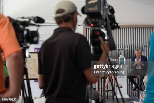 Commissioner Jay Monahan speaks with members of the media during a press conference prior to the start of the TOUR Championship, the final event of...