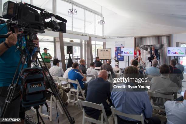 Commissioner Jay Monahan speaks with members of the media during a press conference prior to the start of the TOUR Championship, the final event of...