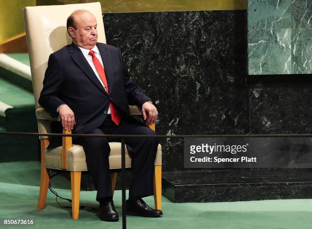 Yemen President Abd-Rabbu Mansour Hadi prepares to speak to world leaders at the 72nd United Nations General Assembly at UN headquarters on September...
