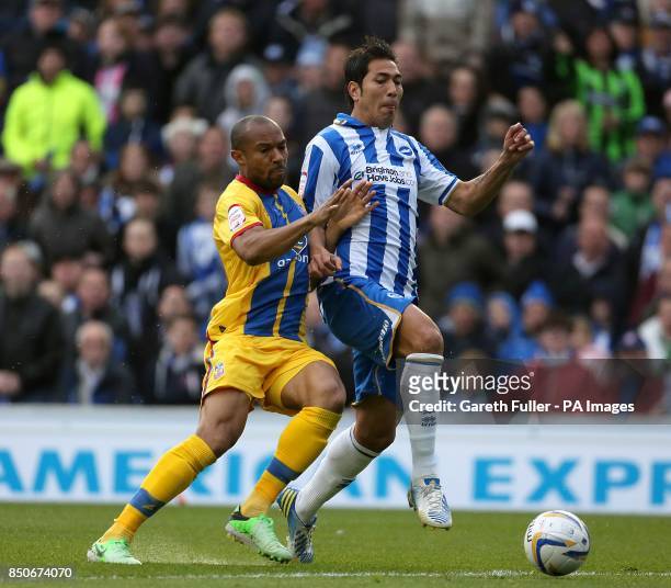 Crystal Palace's Daniel Gabbidon and Brighton & Hove Albion 's Jose Ulloa battle for the ball