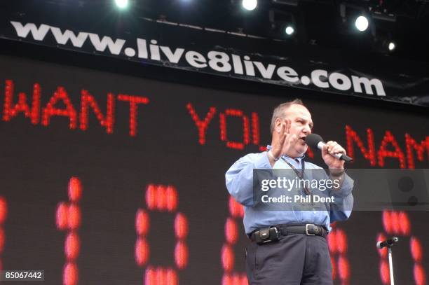 Photo of LIVE 8 and Harvey GOLDSMITH, Harvey Goldsmith on stage at Live 8 in Hyde Park